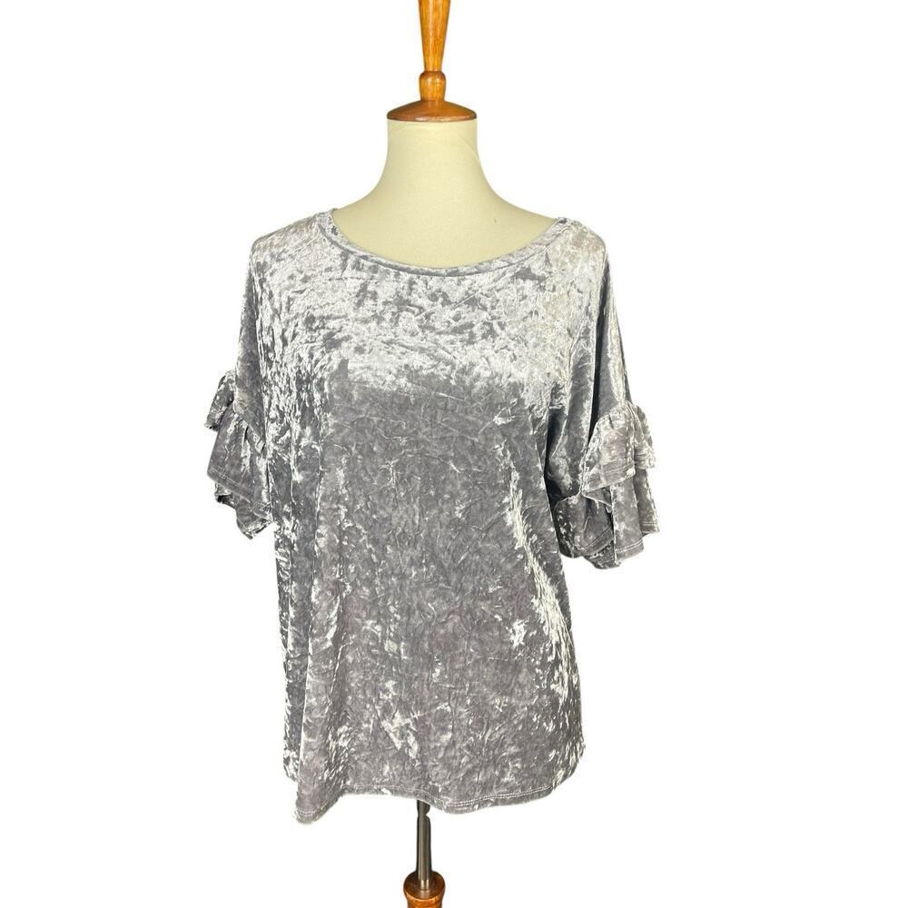 Mossimo Crushed Velvet Blouse Women's XXL Gray Shimmer Ruffle Sleeve